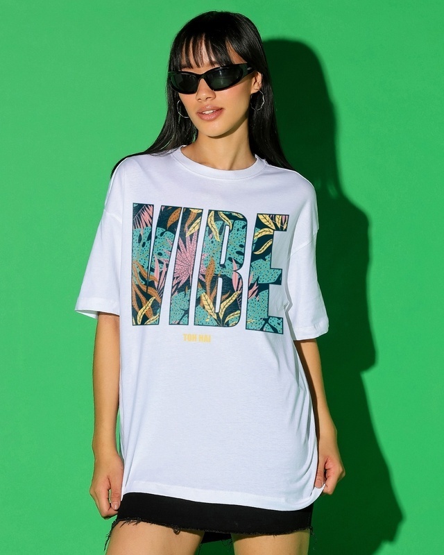 Shop Women's White Vibe Hai Graphic Printed Oversized T-shirt-Front