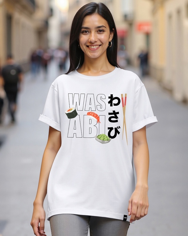 Women's White Wasabi Graphic Printed Boyfriend T-shirt-Front Bewakoof Shop Women's White Wasabi Graphic Printed Boyfriend T-shirt-Front