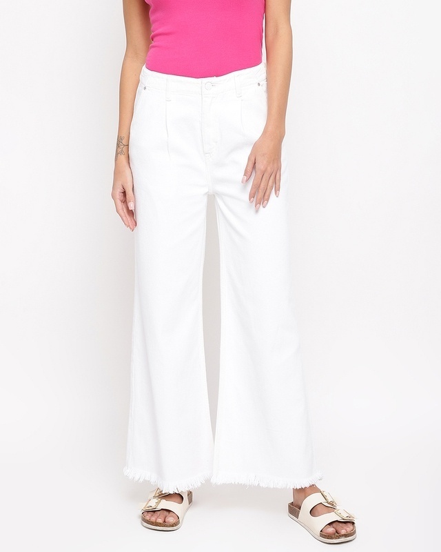 Shop Women's White Wide Leg Jeans-Front