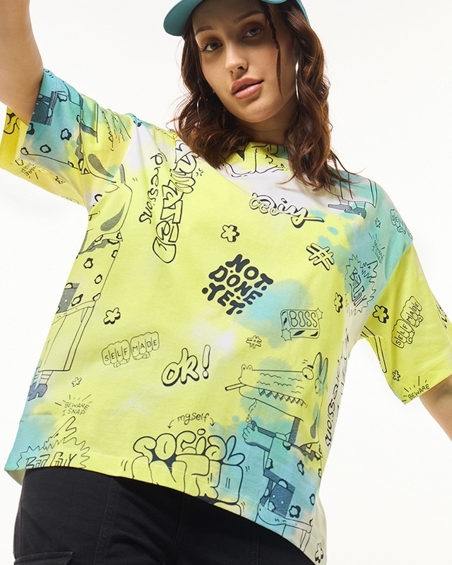 Shop Women's Yellow All Over Printed Oversized T-shirt-Front