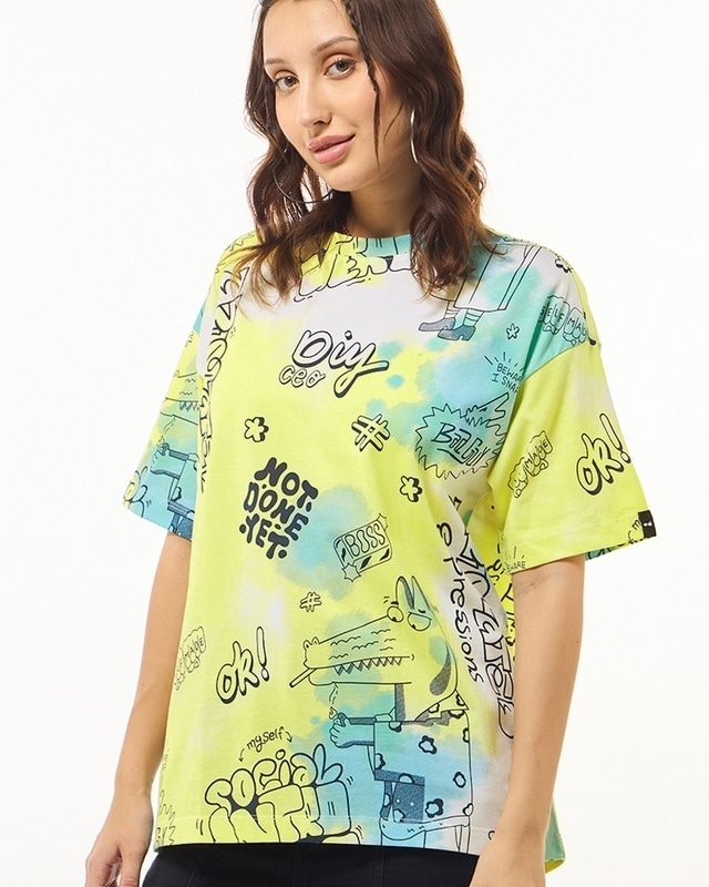 Shop Women's Yellow All Over Printed Oversized T-shirt-Front