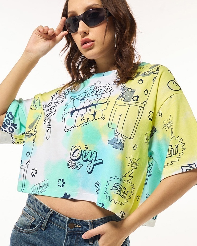 Shop Women's Yellow All Over Printed Oversized Short Top-Front