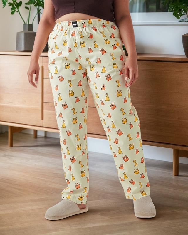 Shop Women's Yellow All Over Printed Plus Size Pyjamas-Front