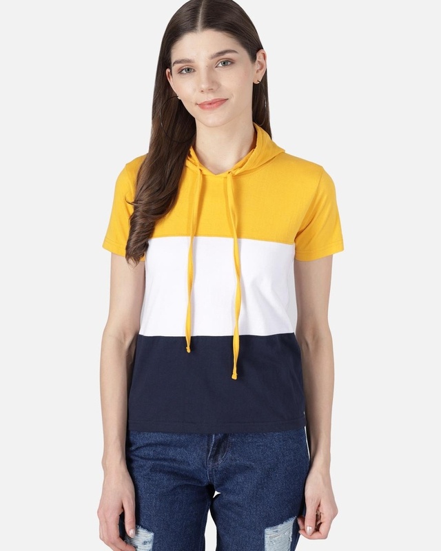 Shop Women's Yellow & Blue Color Block Hoodie T-shirt-Front