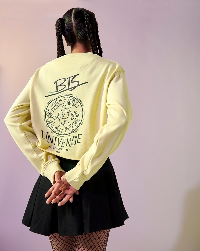 Shop Women's Yellow BTS Universal Star Graphic Printed Oversized Sweatshirt-Front