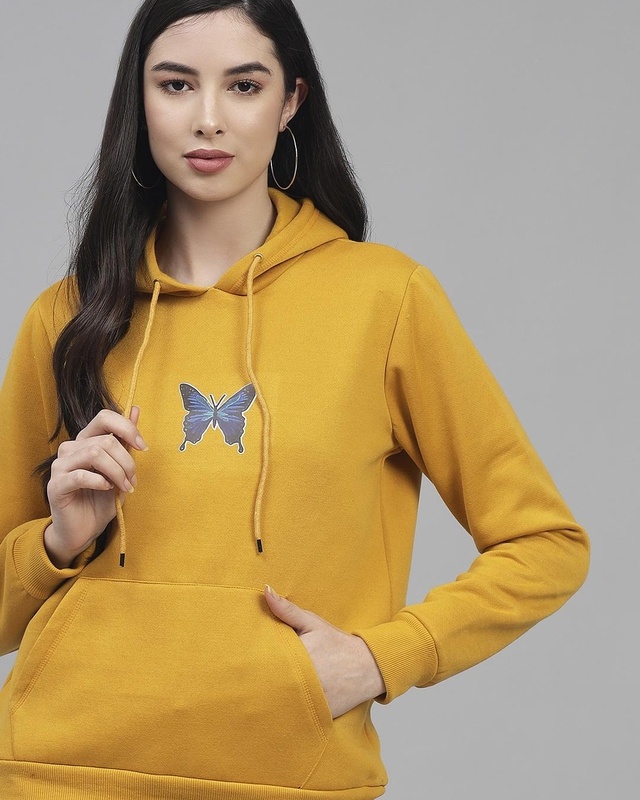 Shop Women's Yellow Butterfly Printed Hooded Sweatshirt-Front