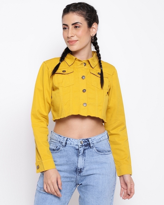 Shop Women's Yellow Denim Cropped Jacket-Front