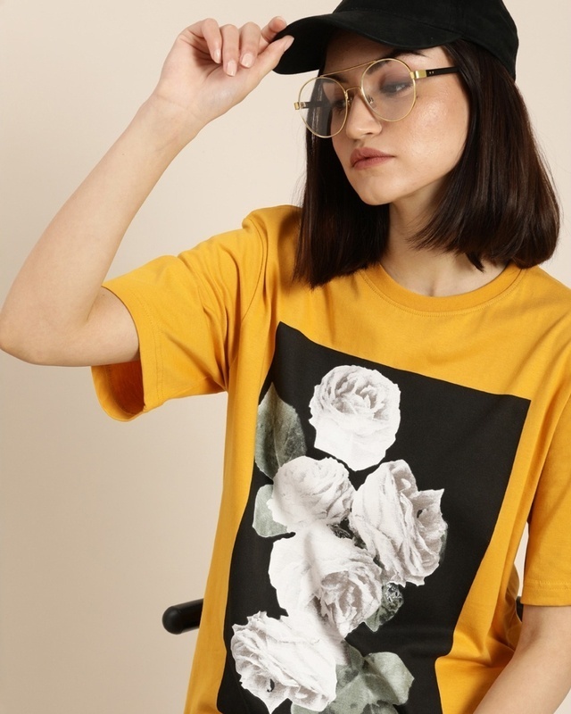 Shop Women's Yellow Floral Print Oversized T-shirt-Front