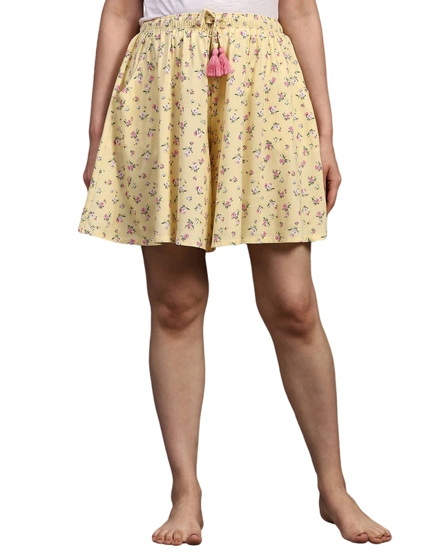 Shop Women's Yellow Floral Printed Loose Comfort Fit Skorts-Front