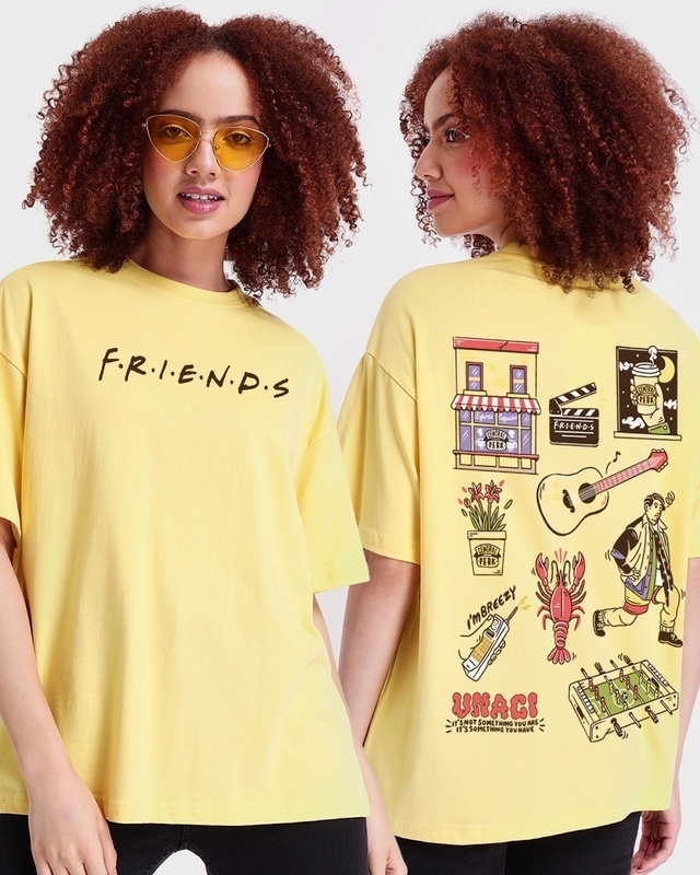 Shop Women's Yellow Friends Doodle Graphic Printed Oversized T-shirt-Front