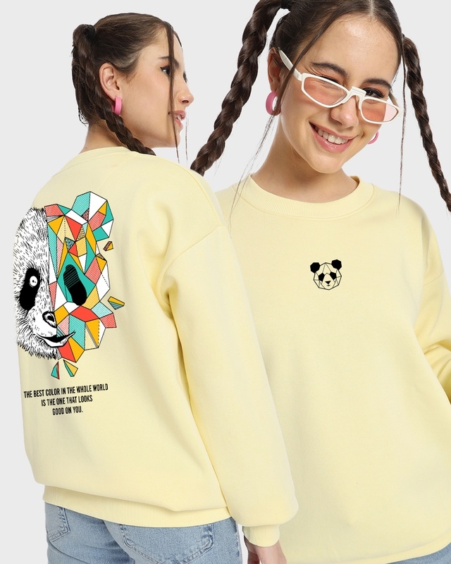 Shop Women's Yellow Geo Panda Graphic Printed Oversized Sweatshirt-Front