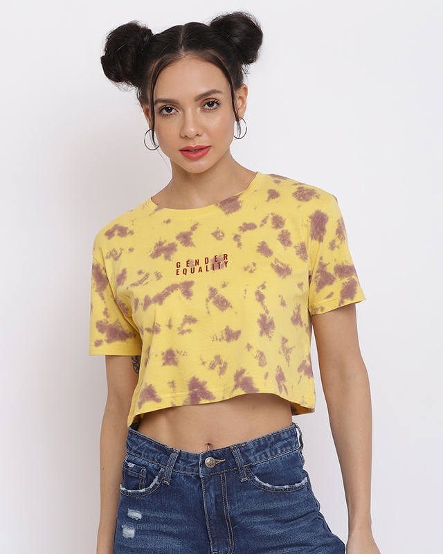 Shop Women's Mustard Yellow Graphic Printed Crop T-shirt-Front