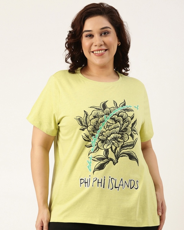Women's Yellow Graphic Printed Plus Size T-shirt
