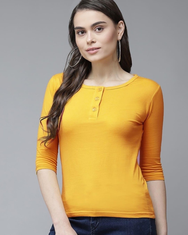 Shop Women's Yellow Henley T-shirt-Front