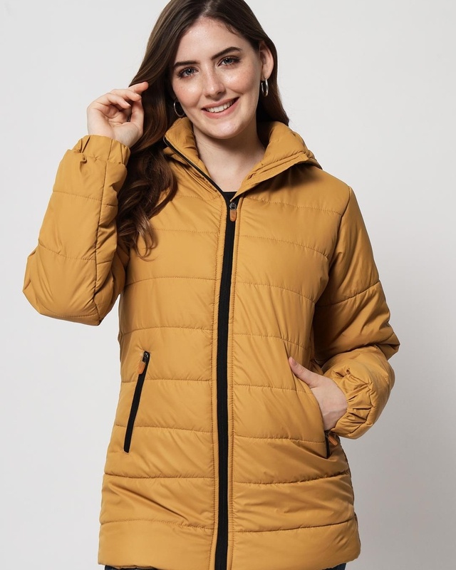 Shop Women's Yellow Hooded Puffer Jacket-Front