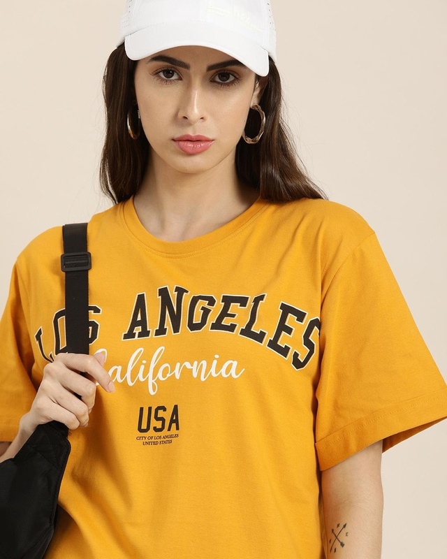 Shop Women's Yellow Los Angeles Typography Oversized T-shirt-Front