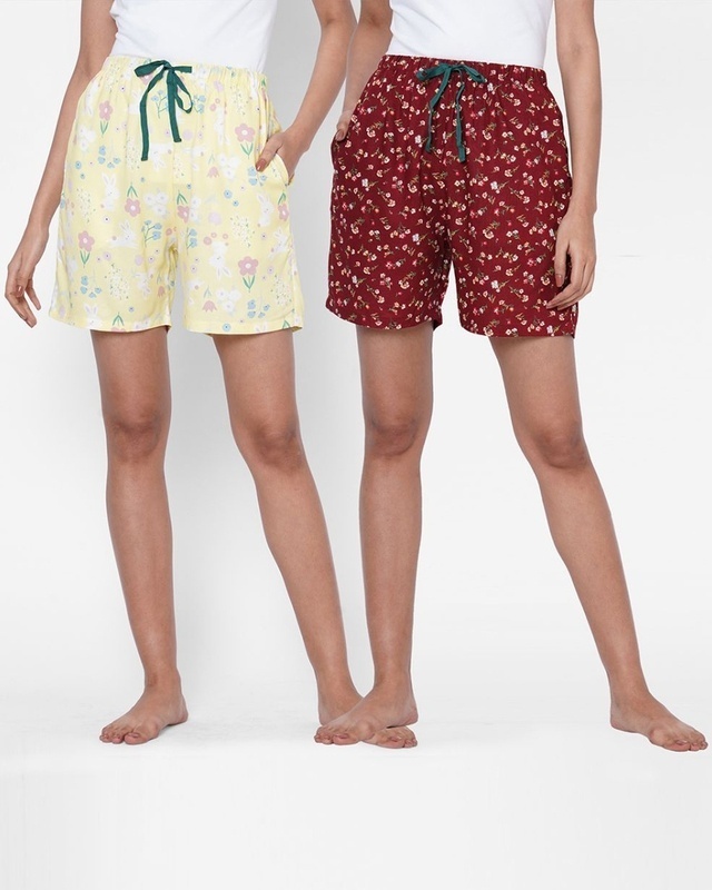 Shop Pack of 2 Women's Yellow & Maroon All Over Floral Printed Lounge Shorts-Front