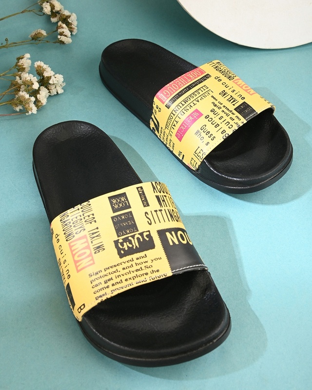 Shop Women's Yellow Newspaper Printed Sliders-Front