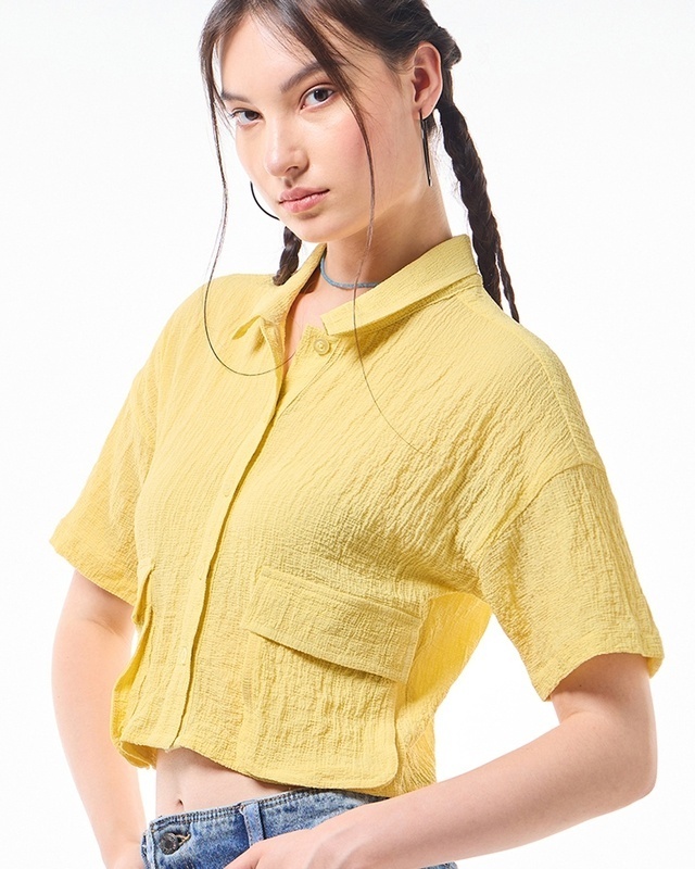 Shop Women's Yellow Cargo Crop Shirt-Front