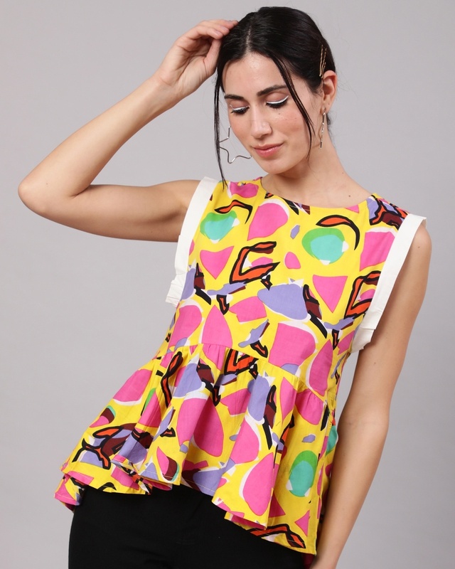 Shop Women's Yellow Printed Gathered Top-Front