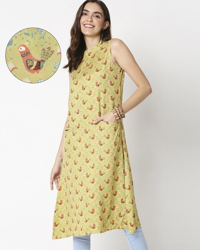 Shop Women's Yellow Printed Sleeveless Kurti Dress-Front