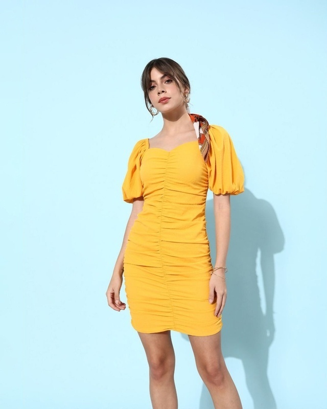 Shop Women's Yellow Puff Sleeve Dress-Front