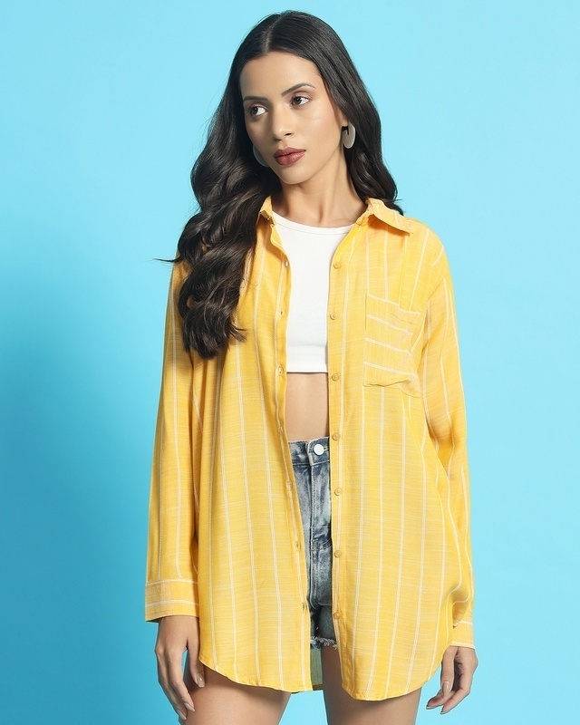 Shop Women's Yellow Striped Oversized Shirt-Front