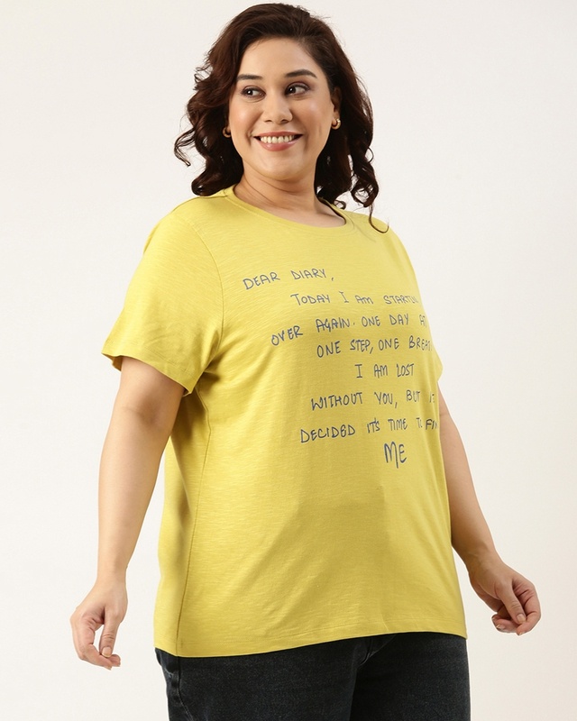 Women's Yellow Typography Plus Size T-shirt