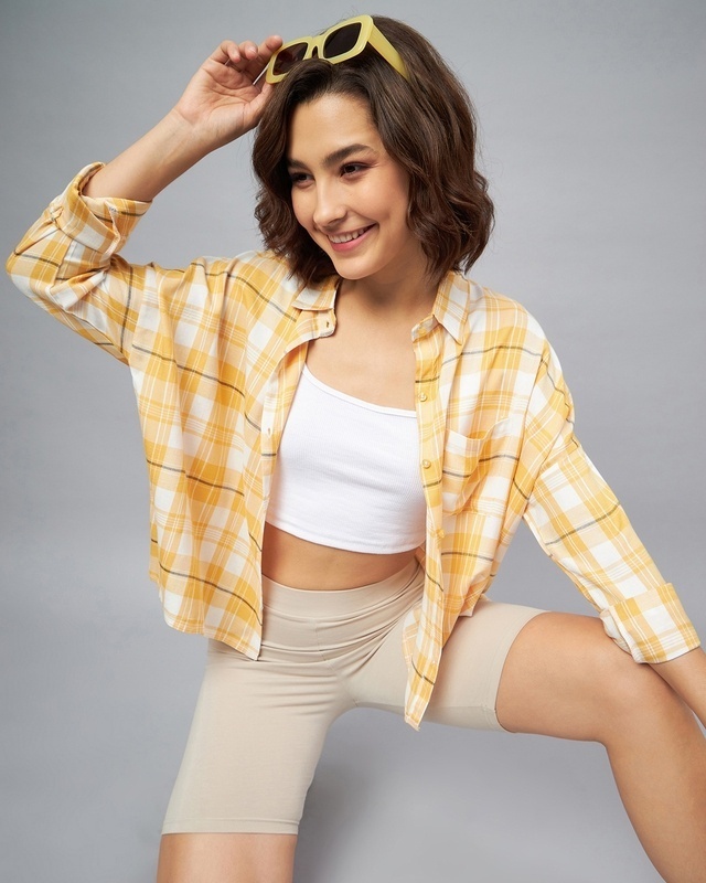 Shop Women's Yellow & White Checked Oversized Shirt-Front