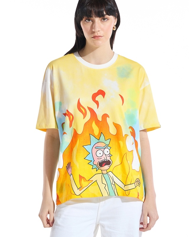 Shop Women's Yellow & White Fire of it All Graphic Printed Oversized T-shirt-Front