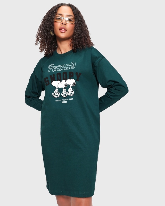 Shop Women's Teal Green Snoopy Illusion Graphic Printed Oversized Dress-Front