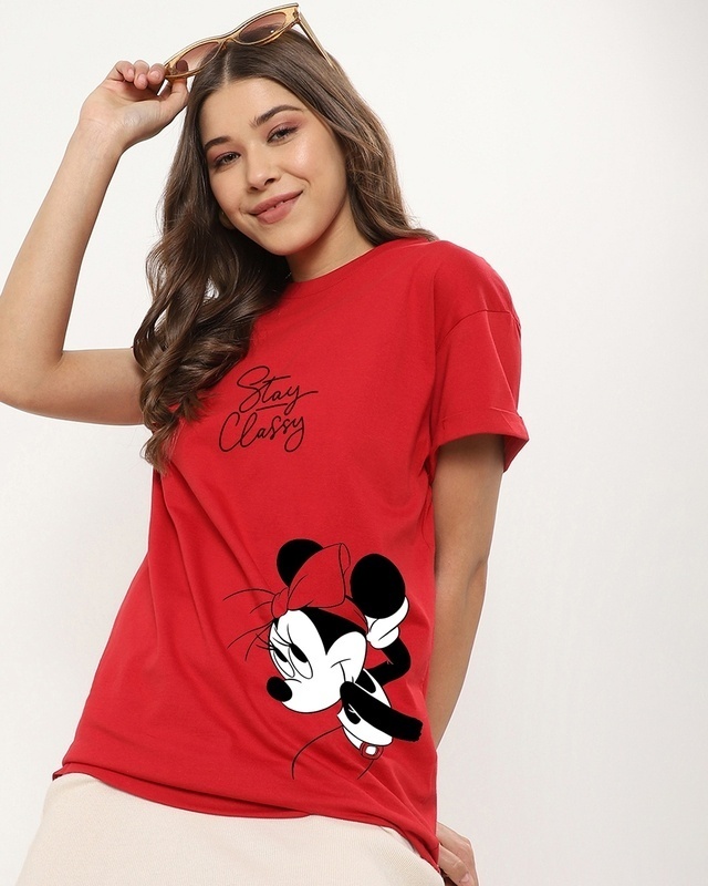 Shop Women's Red Stay Classy Minnie Graphic Printed Boyfriend T-shirt-Front