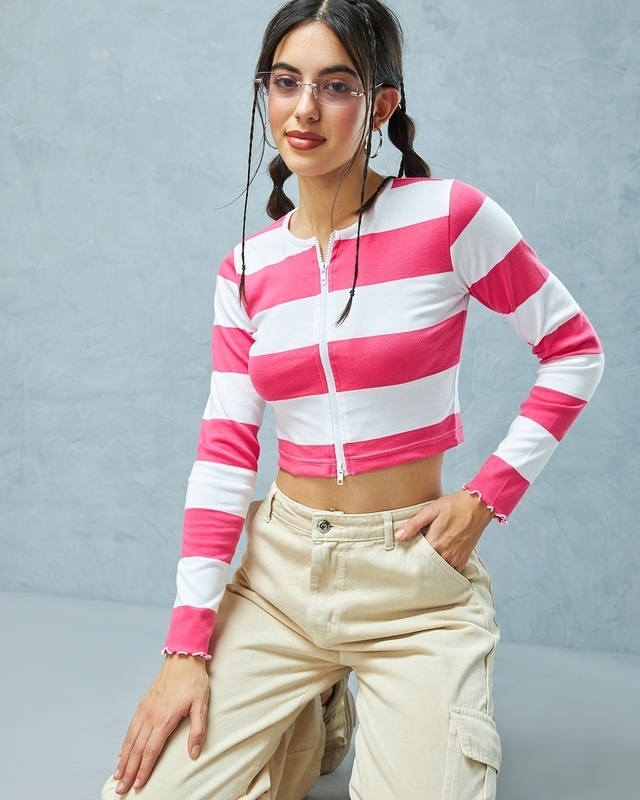 Shop Women's White & Pink Striped Slim Fit Short Top-Front