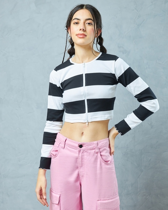 Shop Women's White & Black Striped Slim Fit Zipper Short Top-Front