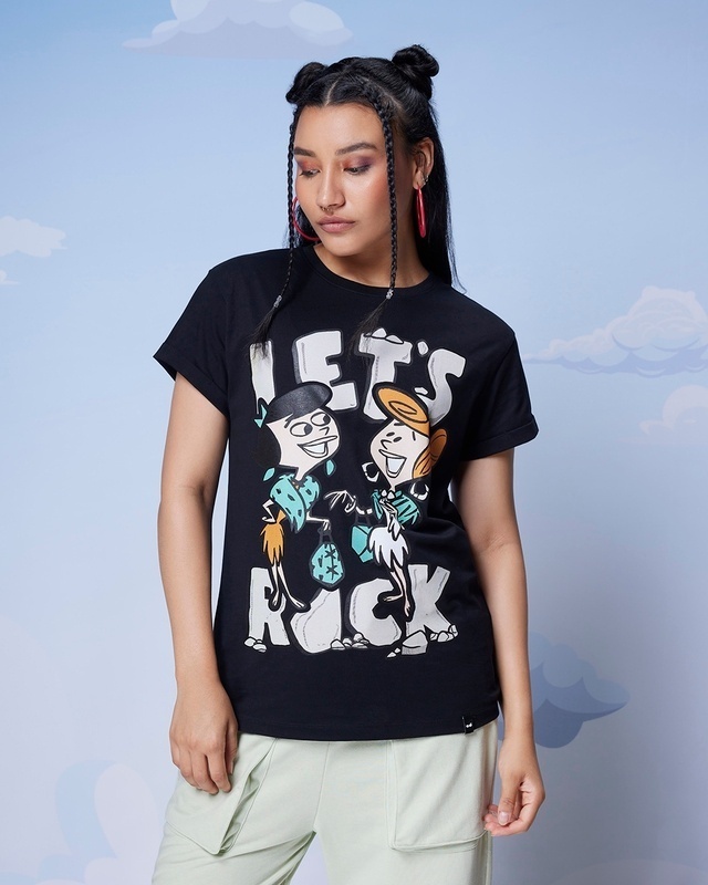 Shop Women's Black The Flintstones Let's Rock Graphic Printed Boyfriend T-shirt-Front