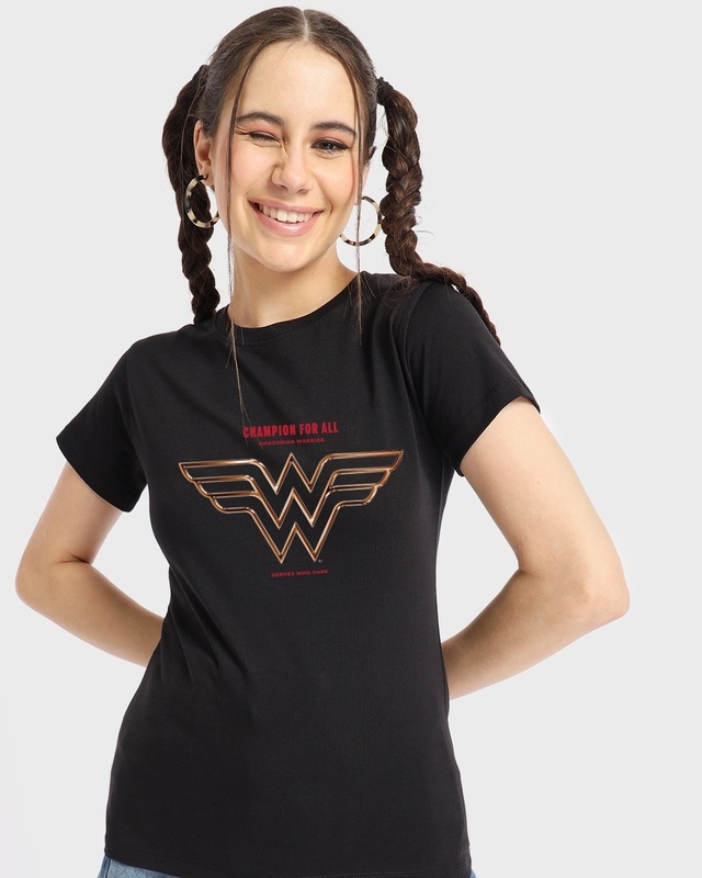 Shop Women's Black Warrior Wonder Woman Graphic Printed T-shirt-Front