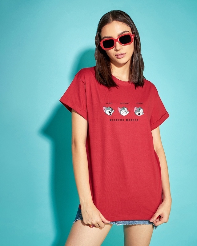 Shop Women's Red Weekend Mood Tom Graphic Printed Boyfriend T-shirt-Front
