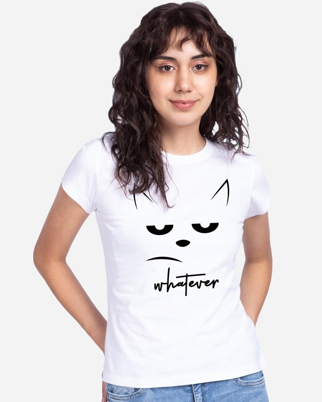 Shop Women's White Whatever Cat Graphic Printed T-shirt-Front