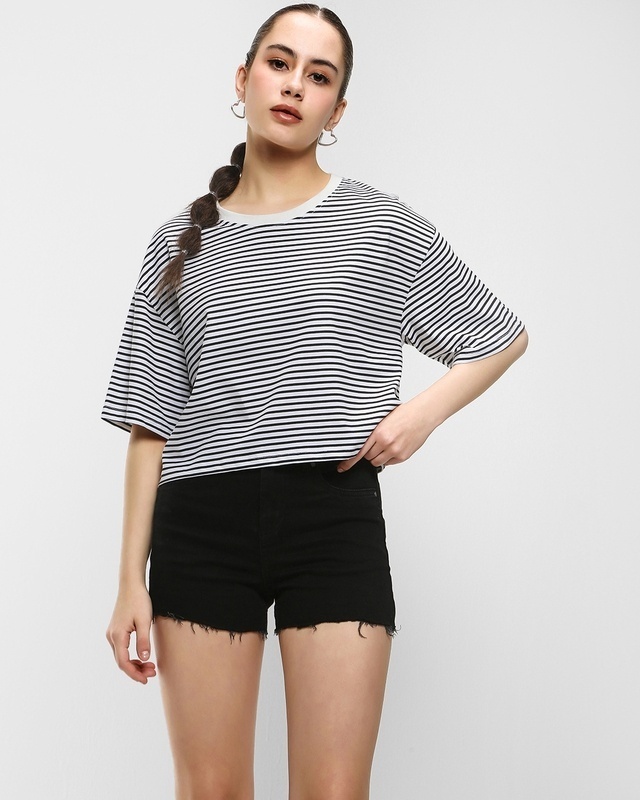 Shop Women's White & Black Striped Oversized T-shirt-Front