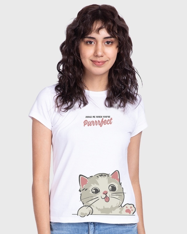 Shop Women's White Purrrfection Graphic Printed T-shirt-Front