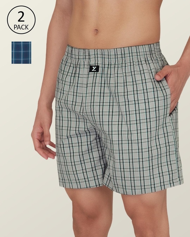 Shop Pack of 2 Men's Blue & Grey Checked Relaxed Fit Boxers-Front