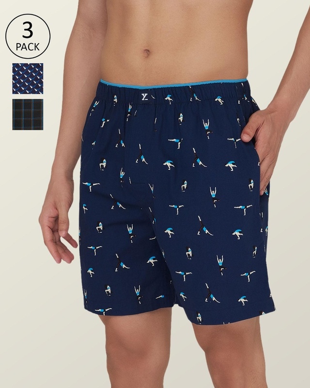 Shop Men's Blue & Black Printed Relaxed Fit Boxers (Pack Of 2)-Front