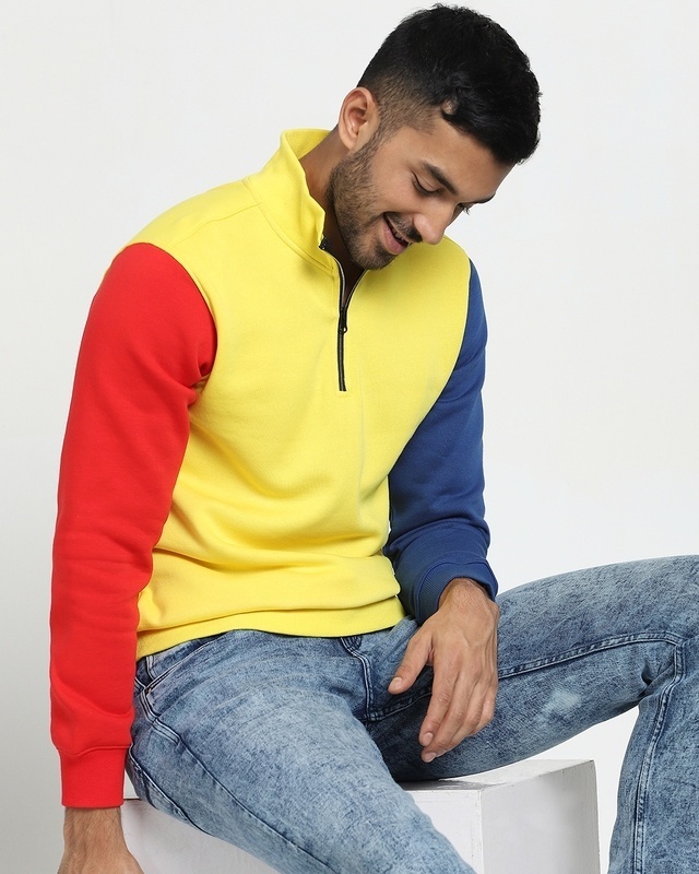 Shop Men's Yellow Contrast Sleeve Half Zipper Sweatshirt-Front