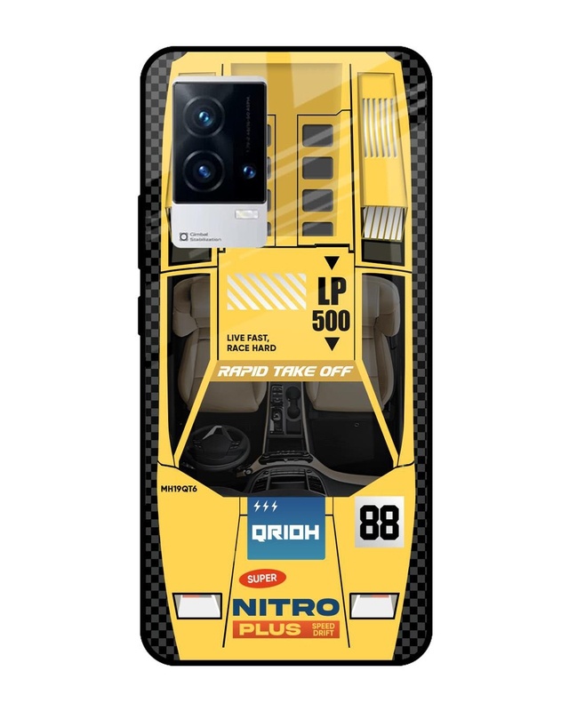 Yellow Racing Car Premium Glass Cover for Vivo IQOO 9 5G(Shock Proof, Scratch Resistant)