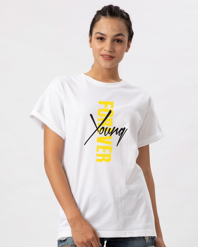 Shop Women's White Young Forever Side Graphic Printed Boyfriend T-shirt-Front