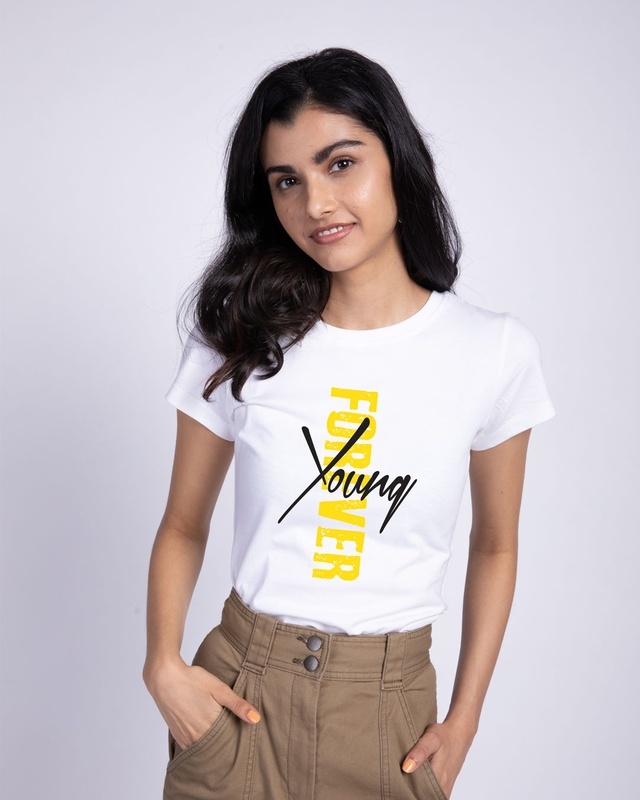 Shop Women's White Young Forever Side Graphic Printed Slim Fit T-shirt-Front