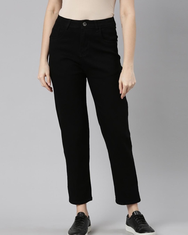 Shop Zheia Women's Black Mom Fit Jeans-Front