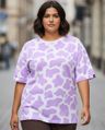 Shop Women's Purple & White All Over Printed Oversized Plus Size T-shirt-Front