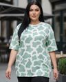 Shop Women's Green & White All Over Printed Oversized Plus Size T-shirt-Front