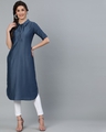 Shop Blue Chinnon Silk Self Design Pathani Kurta-Front